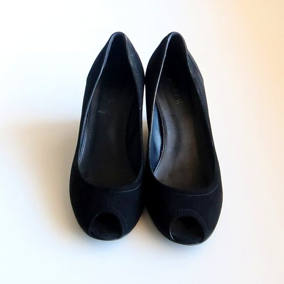 J. Crew Black Suede Leather Peep Toe Wedge Heel Sandals / Dress Shoes Size 8 - Picture 4 of 15